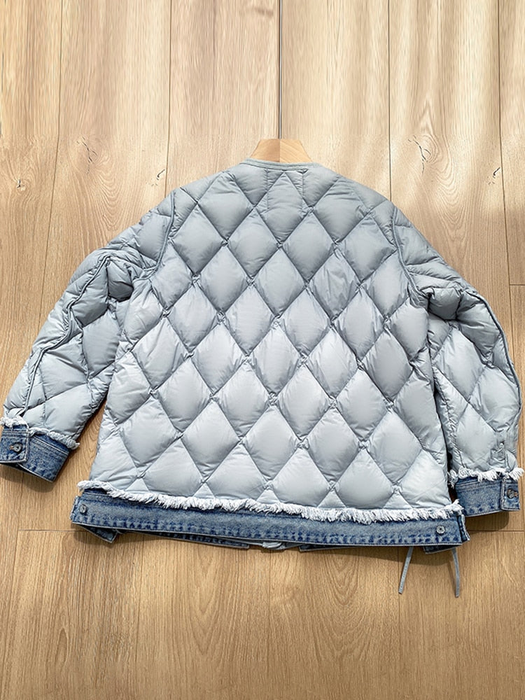 Women's Quilted Denim Patchwork Coat - Light Gray Casual Outerwear - Image 3