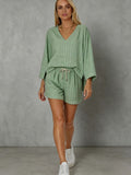 Women's Loose V-Neck Long Sleeve Striped Shorts Set Casual Lounge