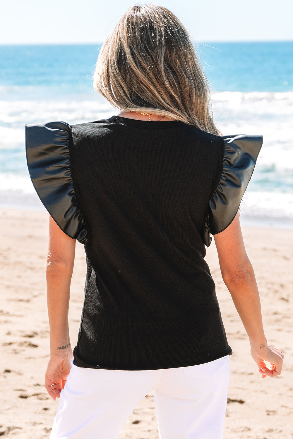 Macy Leather Ruffle Sleeve Blouse