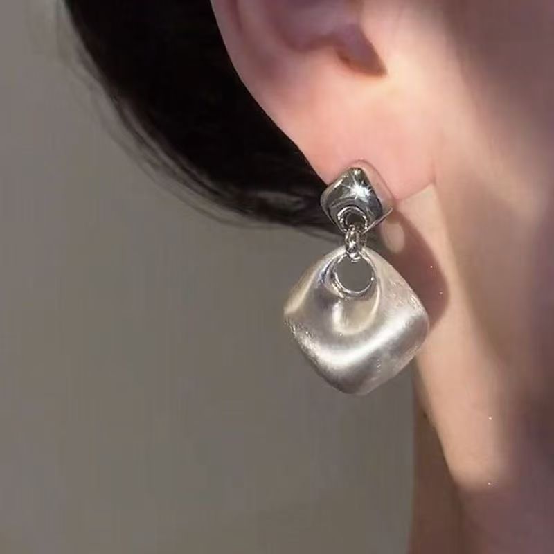 Modern Brushed Geometric Square Earrings in Minimalist Silver