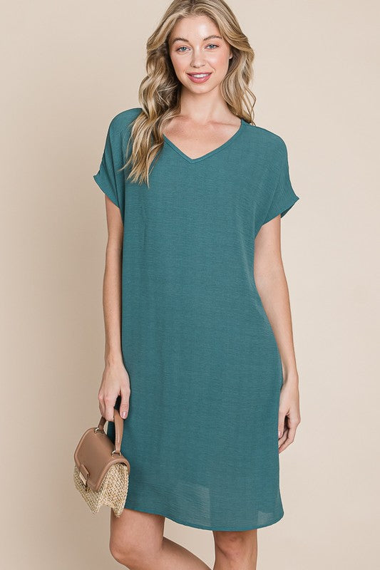 V-Neck Short Sleeve Casual Midi Dress with Pockets