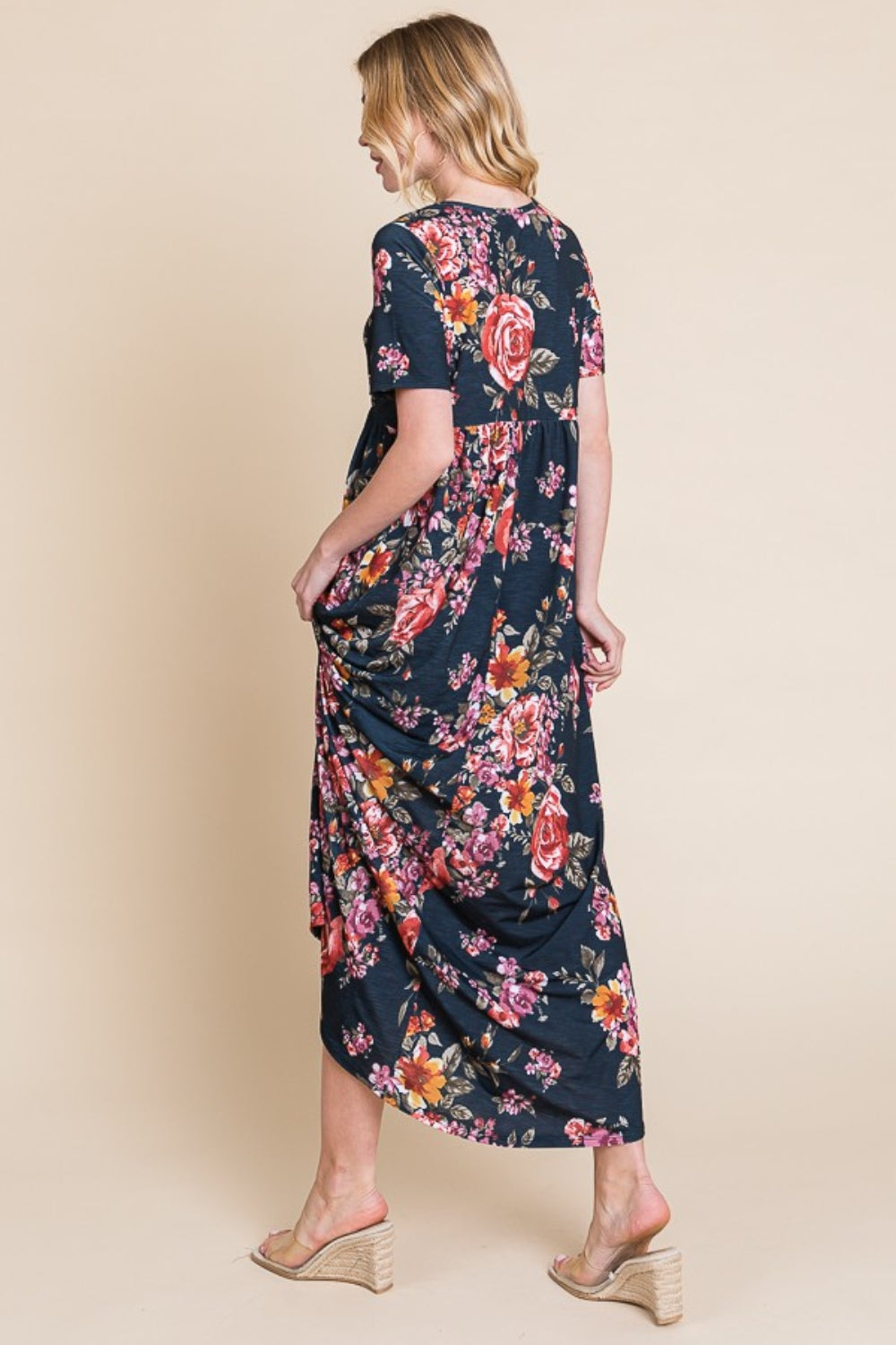 Floral Short Sleeve Maxi Dress with Shirred Detail