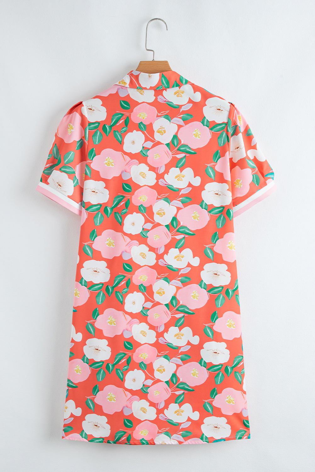 Salmon Floral Print Puff Sleeve Dress with Pop of Color Neckline