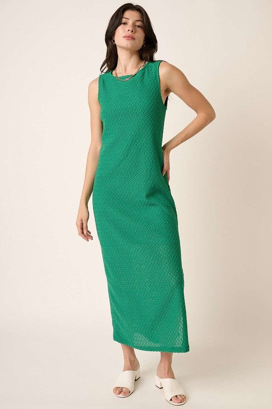 Sleeveless Round Neck Side Slit Knit Dress in Green