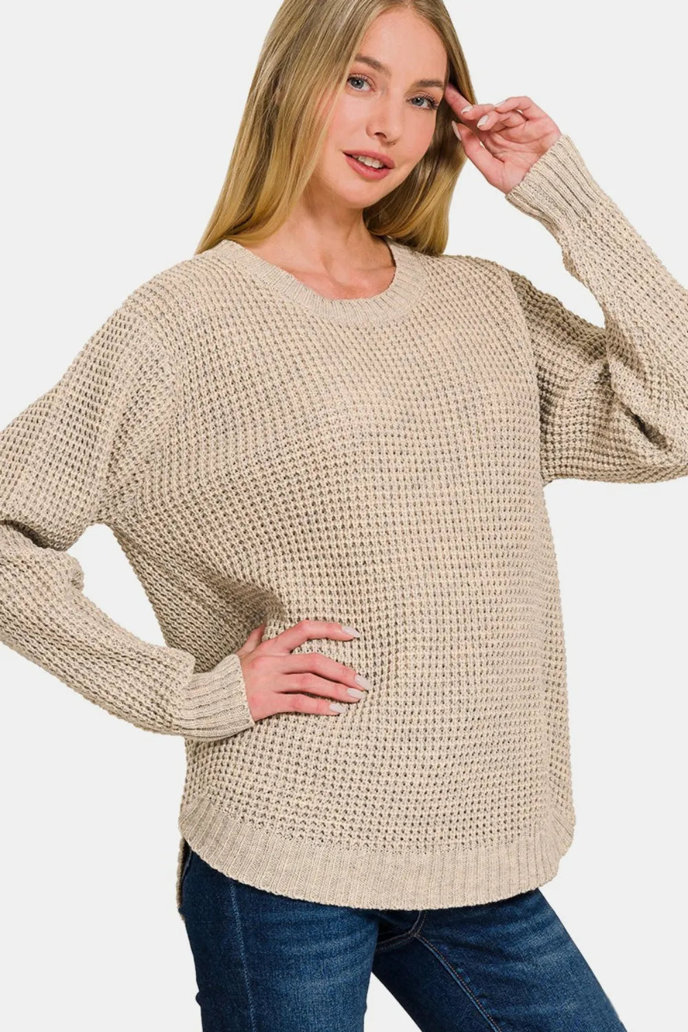 Zenana High Low Waffle Long Sleeve Sweater