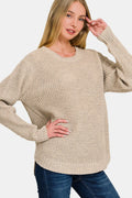 Zenana High Low Waffle Long Sleeve Sweater