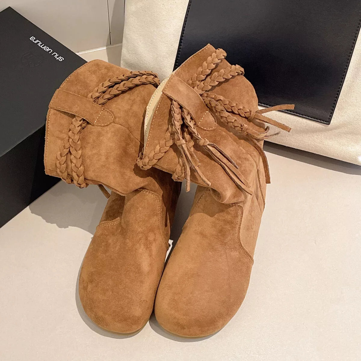 Suede Fringe Round Toe Boots with Block Heel
