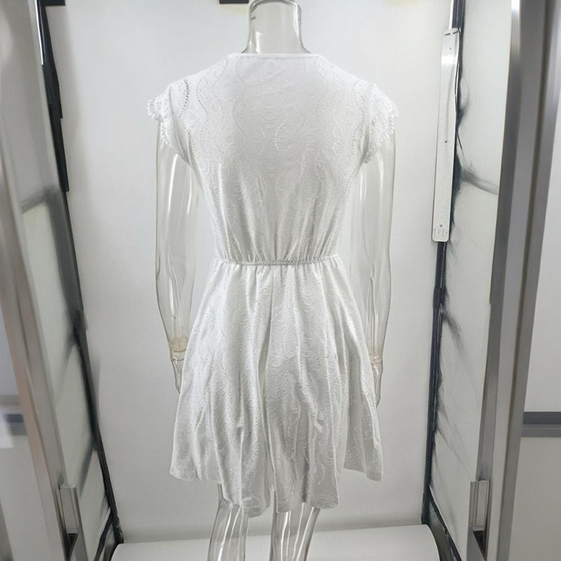 Women’s V‑Neck Short‑Sleeve Lace Trim Mini Dress - Image 4