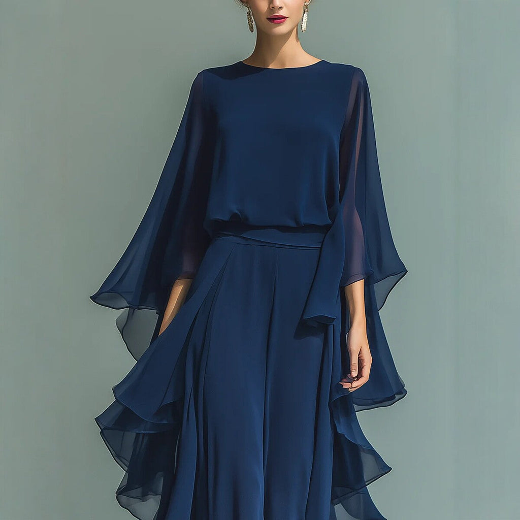 Deep Blue Ruffle Wide-Leg Pants Set - Elegant Two-Piece Outfit