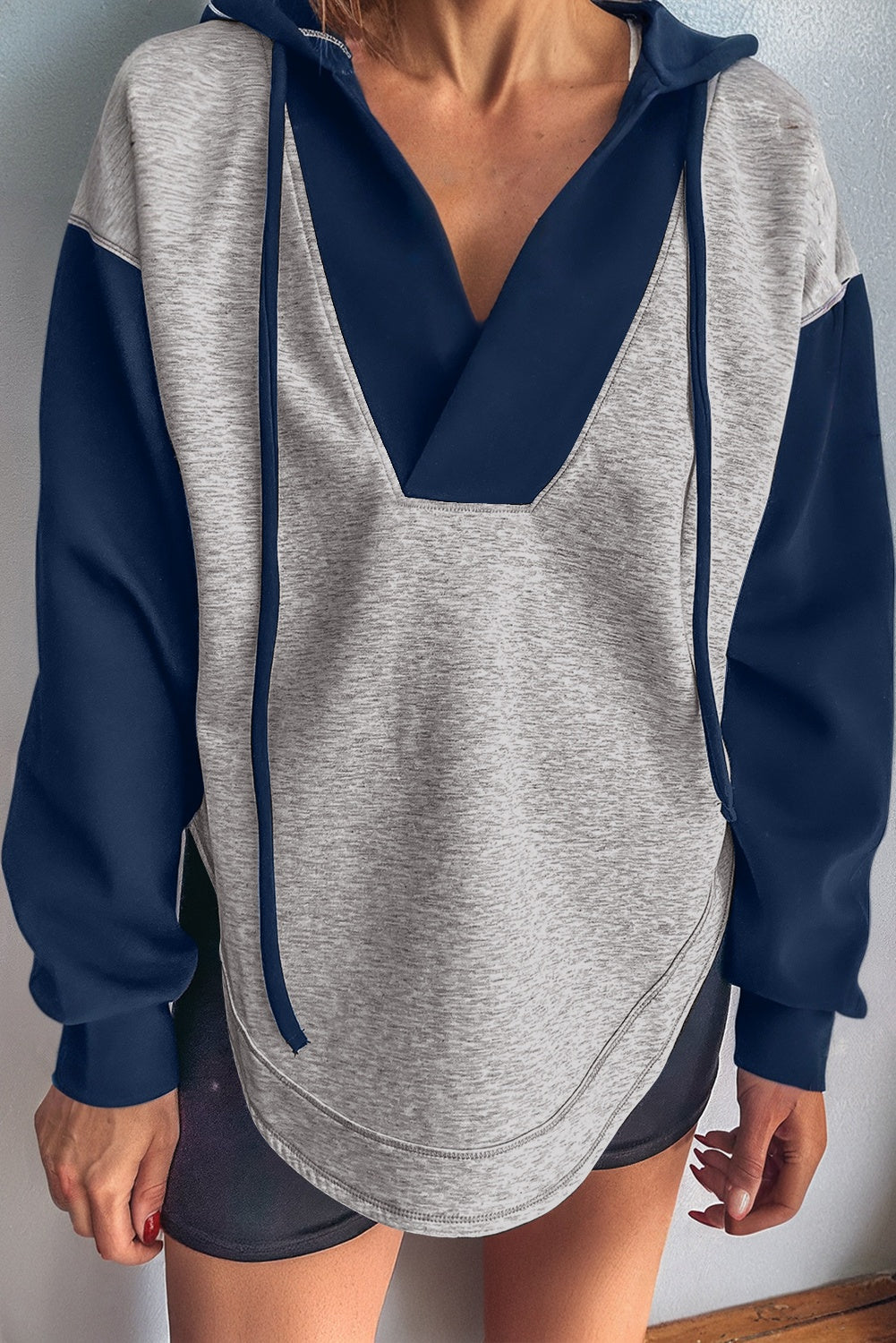 Light Grey Color Block V-Neck Drawstring Hoodie