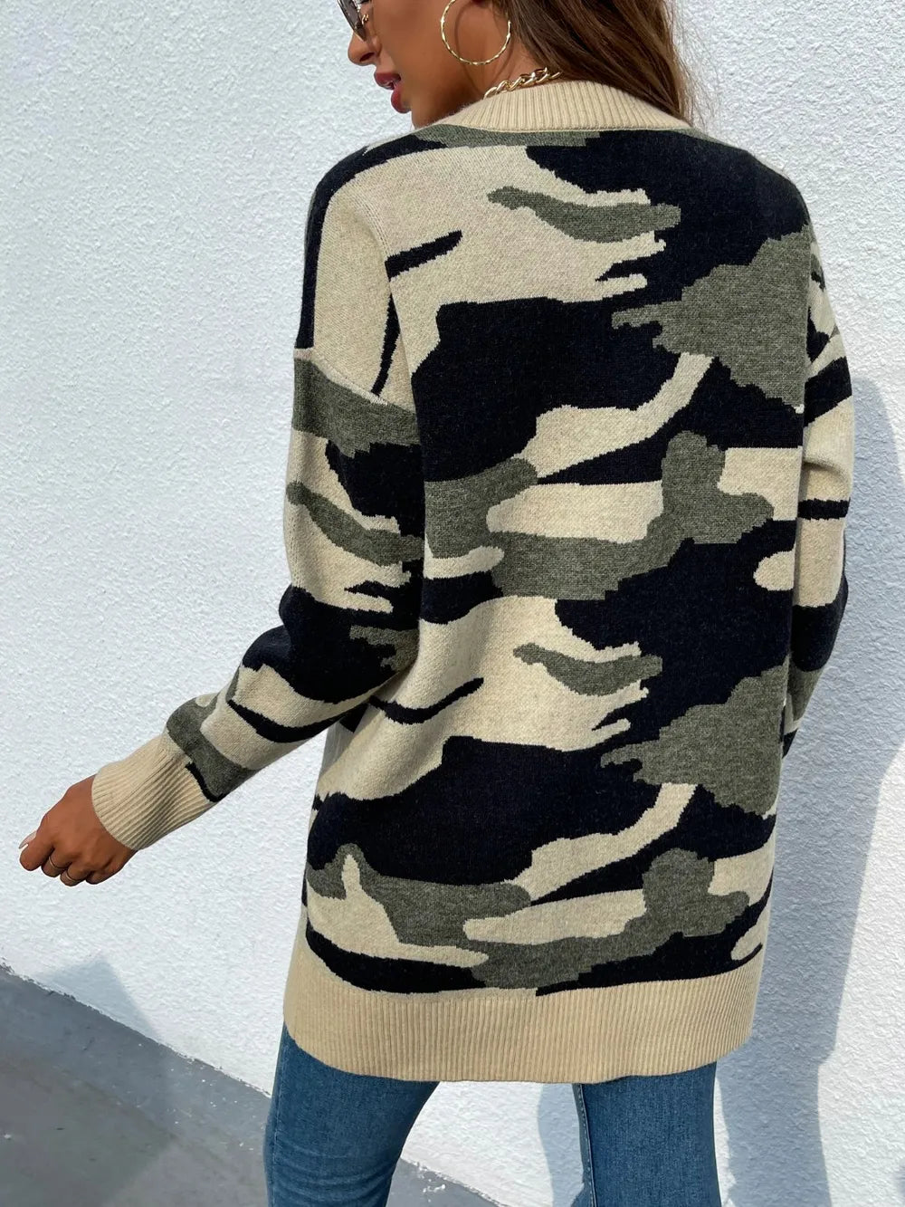 Camouflage Dropped Shoulder Open Front Cardigan | Viscose Knit