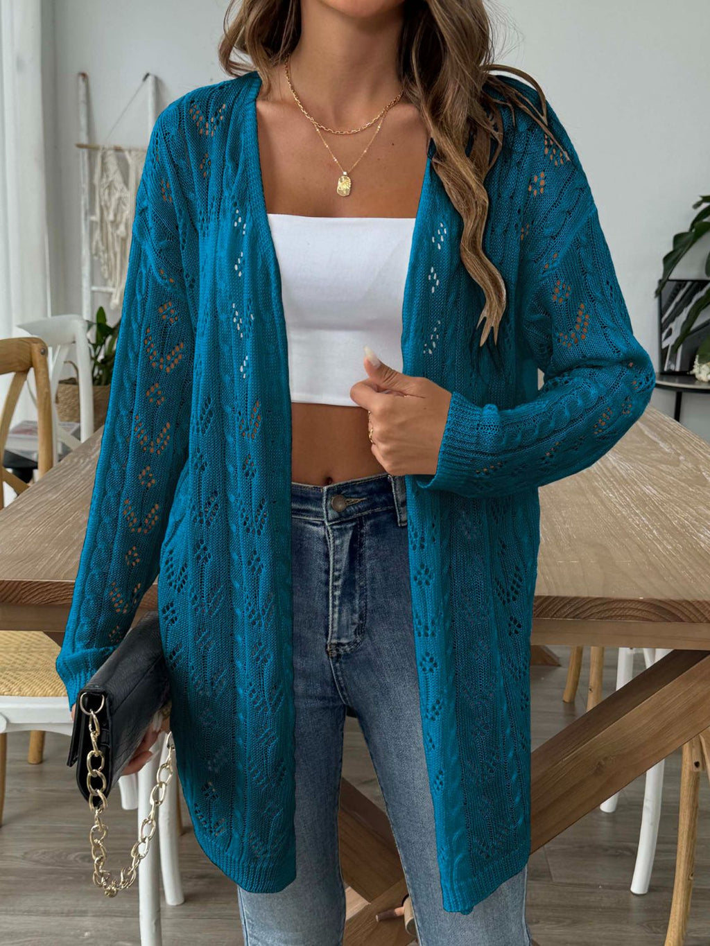 White Openwork Open Front Long Sleeve Cardigan Lightweight Knit - Image 15