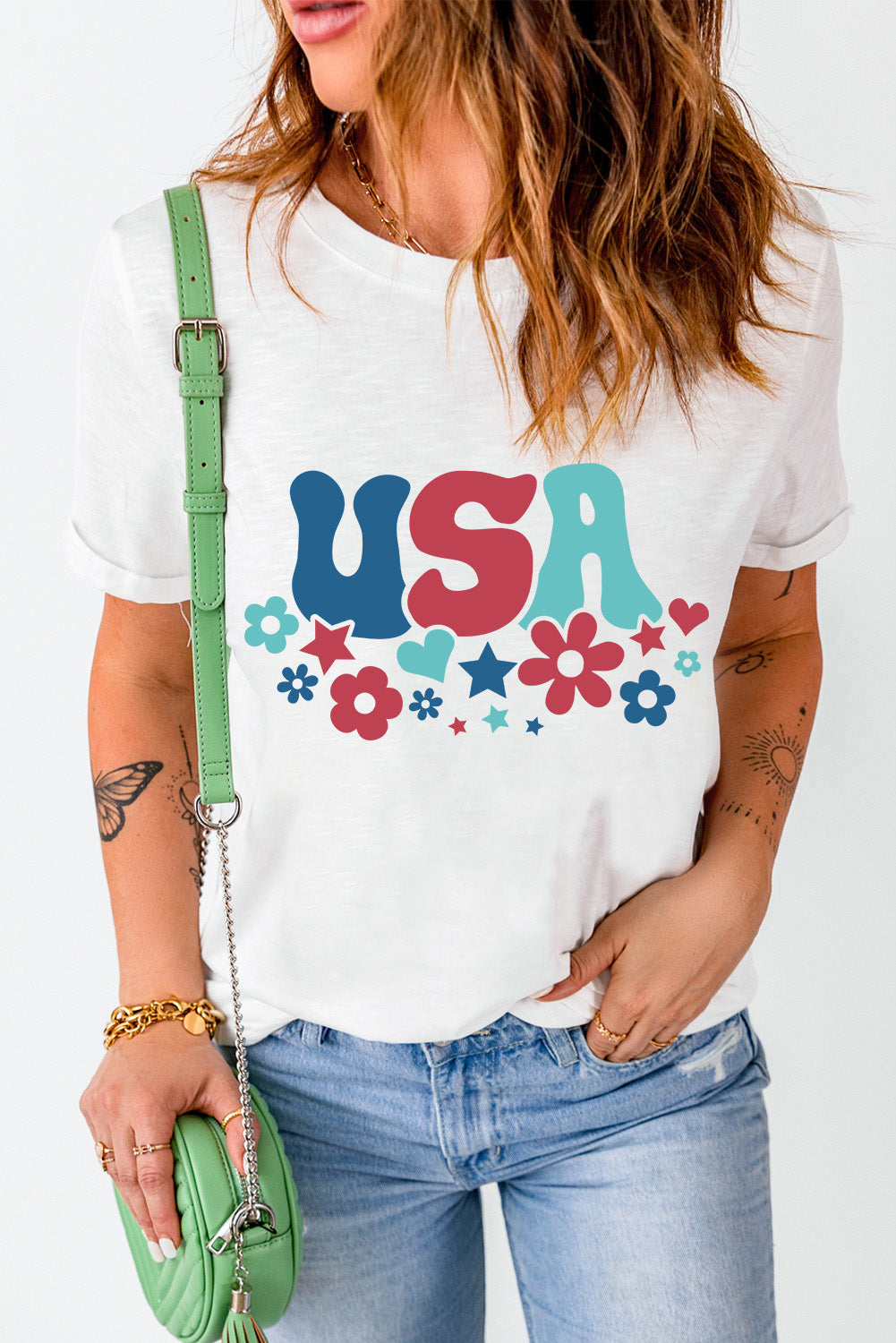 Women's White USA Graphic Print Short Sleeve Crew Neck T-Shirt - Image 4