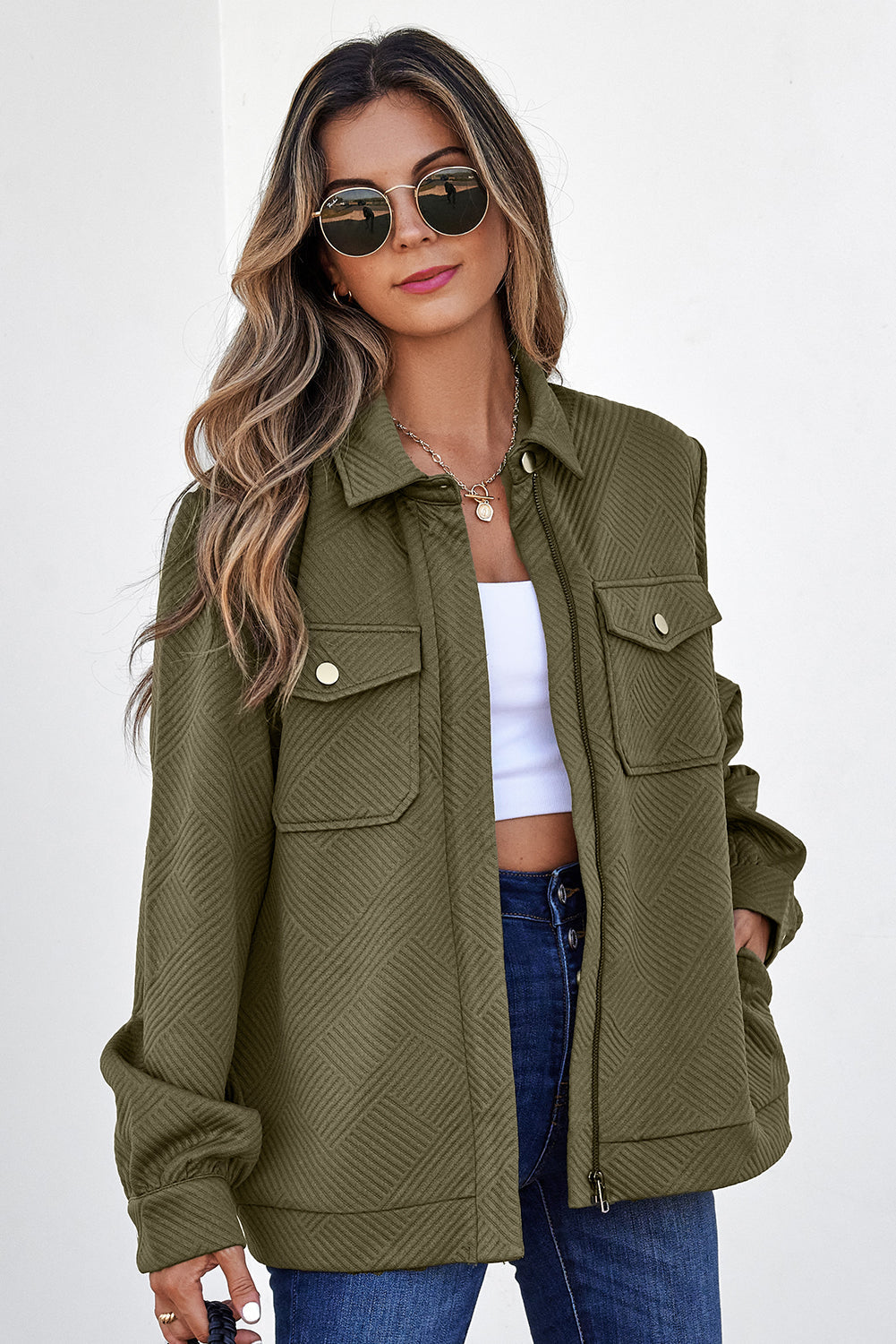 Solid Flap Pocket Shirt Collar Zip Up Jacket