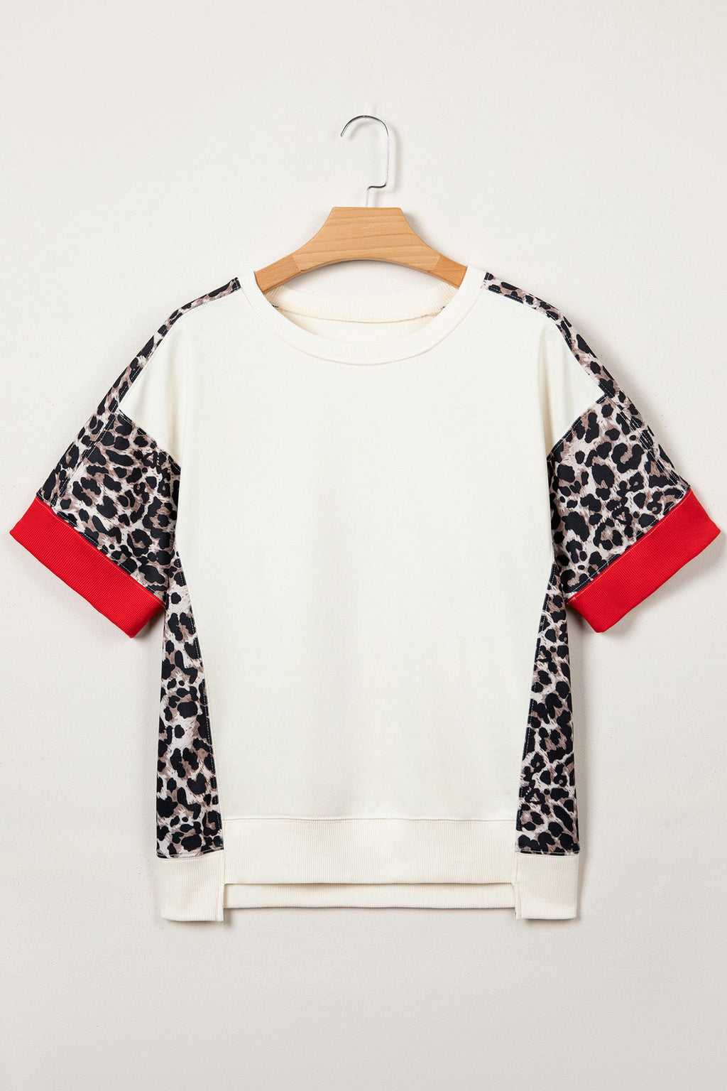 Leopard Patchwork Uneven Hem Short Sleeve Knit Top