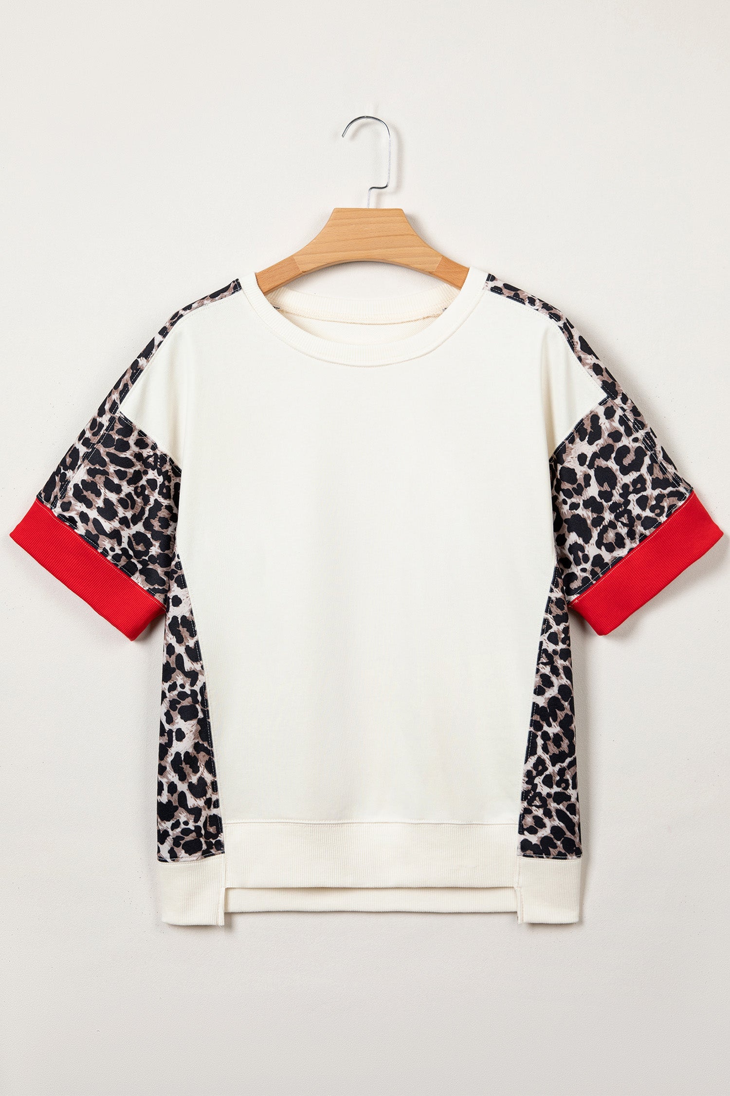 Leopard Patchwork Uneven Hem Short Sleeve Knit Top