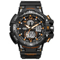 Red sport military-style watch with dual analog and digital display