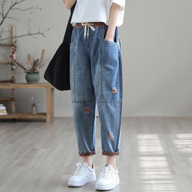 Women's Ripped Drawstring Waist Jeans Casual Denim Pants - Image 5