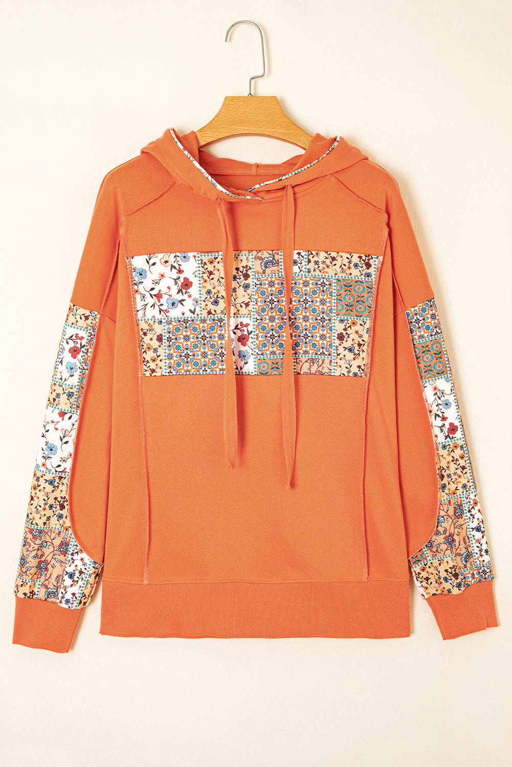 Women's Floral Patchwork Side Slit Drawstring Hoodie, Boho Knit Top