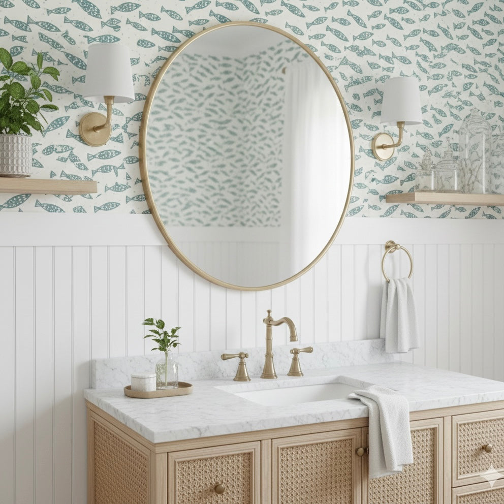 Skipper coastal-style wallpaper in blue, white, and beige