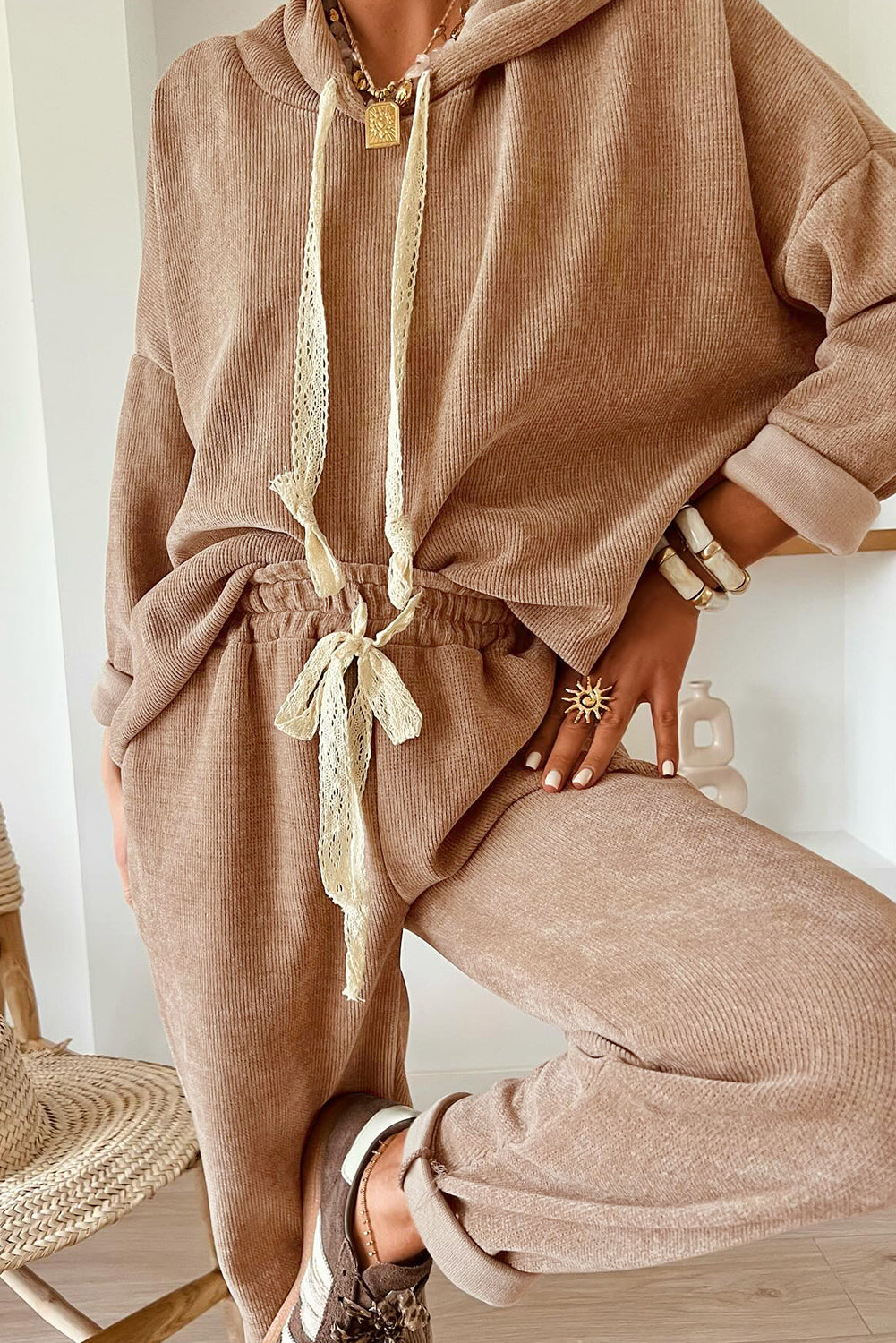 Smoke Gray Drawstring Pullover Hoodie and High Waist Pants Corduroy Suit