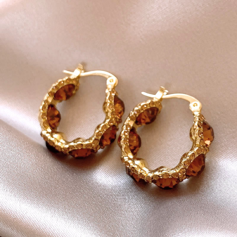 Coffee Crystal Hoop Ear Clips Elegant Light-luxury U-Shape