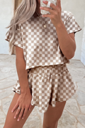 Brown Checkerboard T-Shirt & High Waist Skorts 2-Piece Set