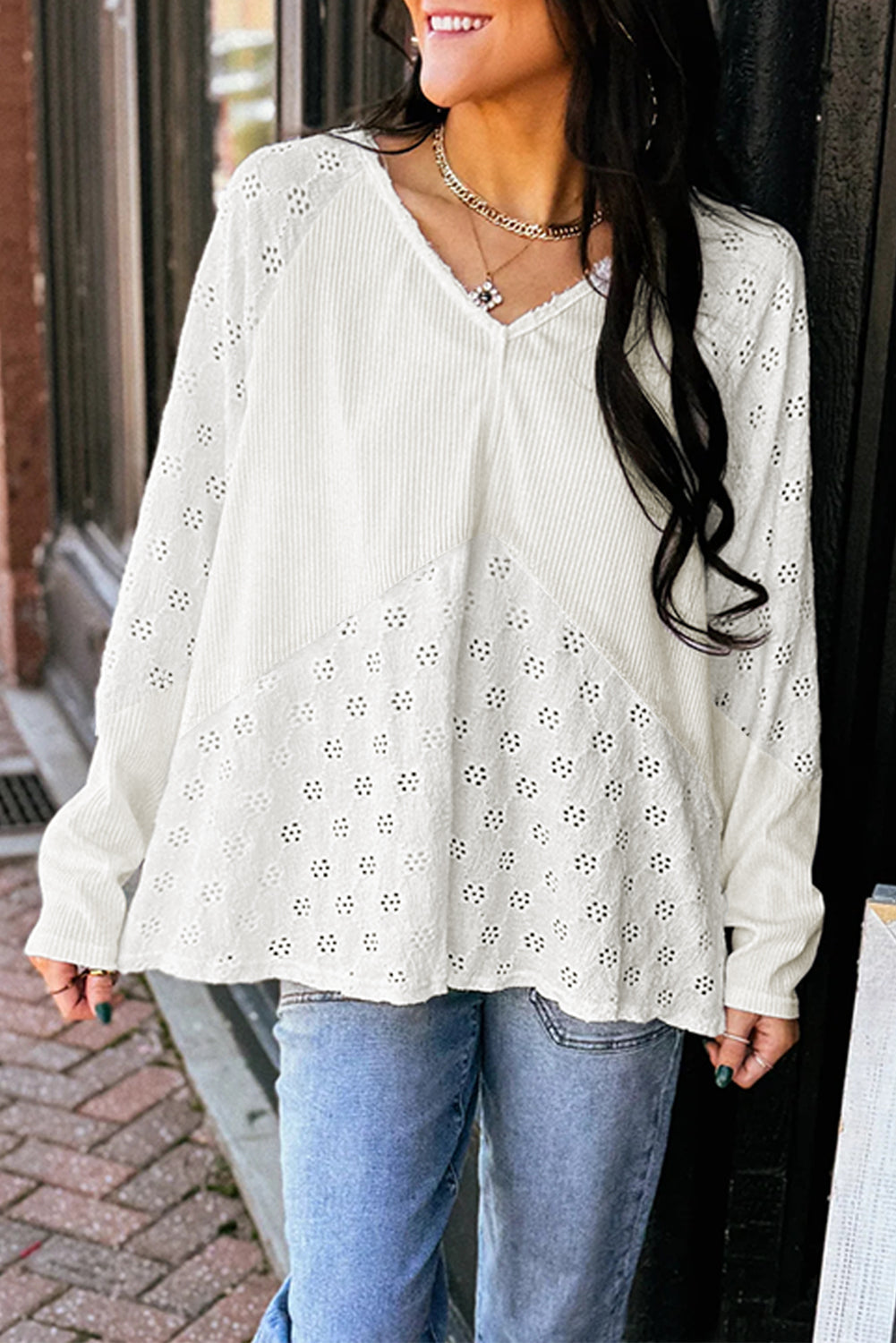 White Twisted Rib Patchwork Embroidered V Neck Long Sleeve Top