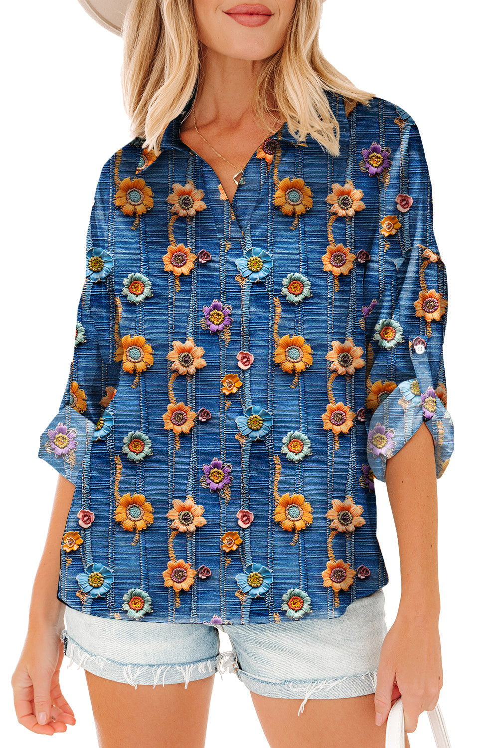 Floral Patchwork Long Sleeve Collared V-Neck Blouse