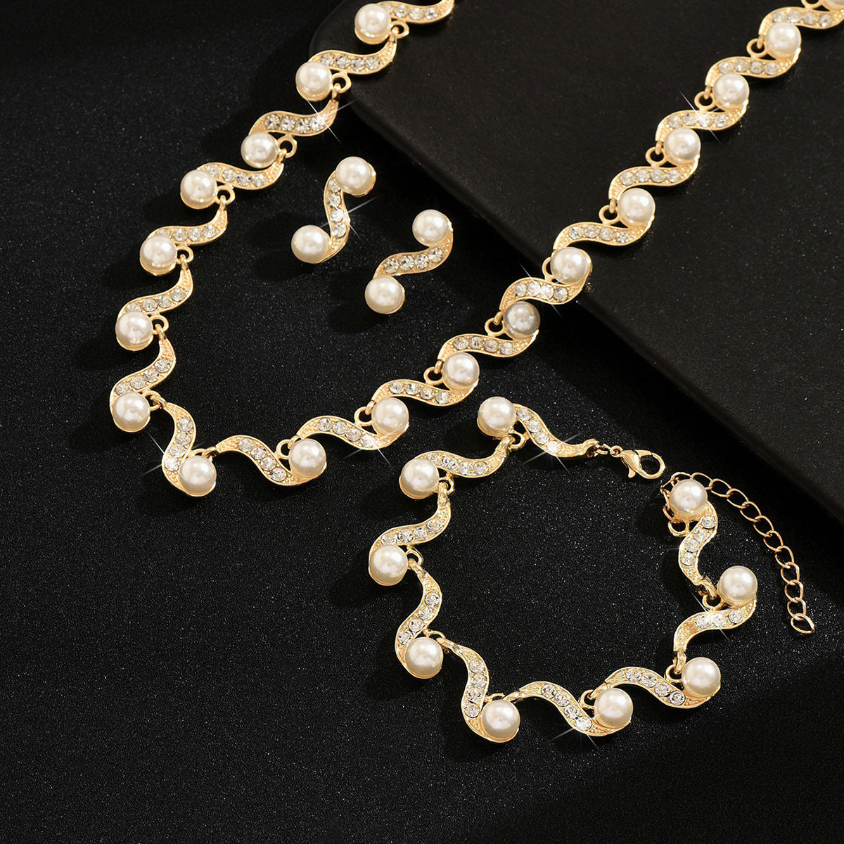 Women 3 Pcs Rhinestone Pearl Jewelry Set,Necklace Earrings Bracelet,Elegant Bridal Costume Accessories For Wedding Banquet Party Occasion