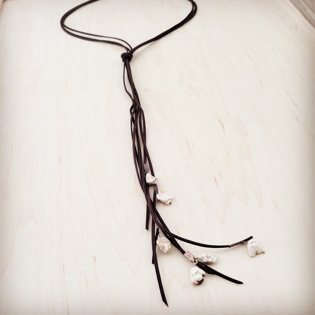 Dark Brown Rustic Leather Lasso Necklace with White Turquoise - Image 2