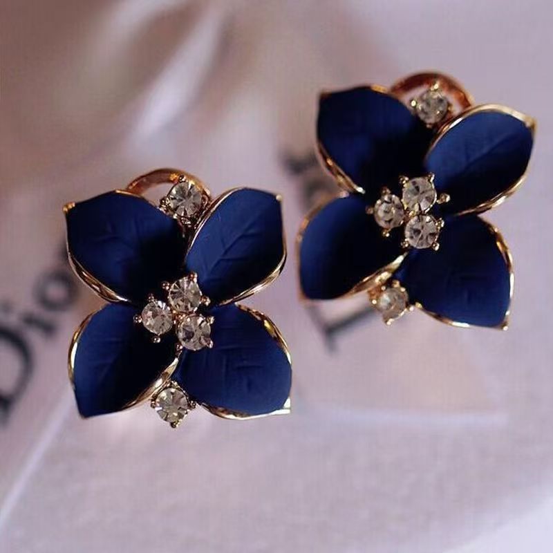 Elegant Camellia Flower Stud Earrings with Diamond Inlay
