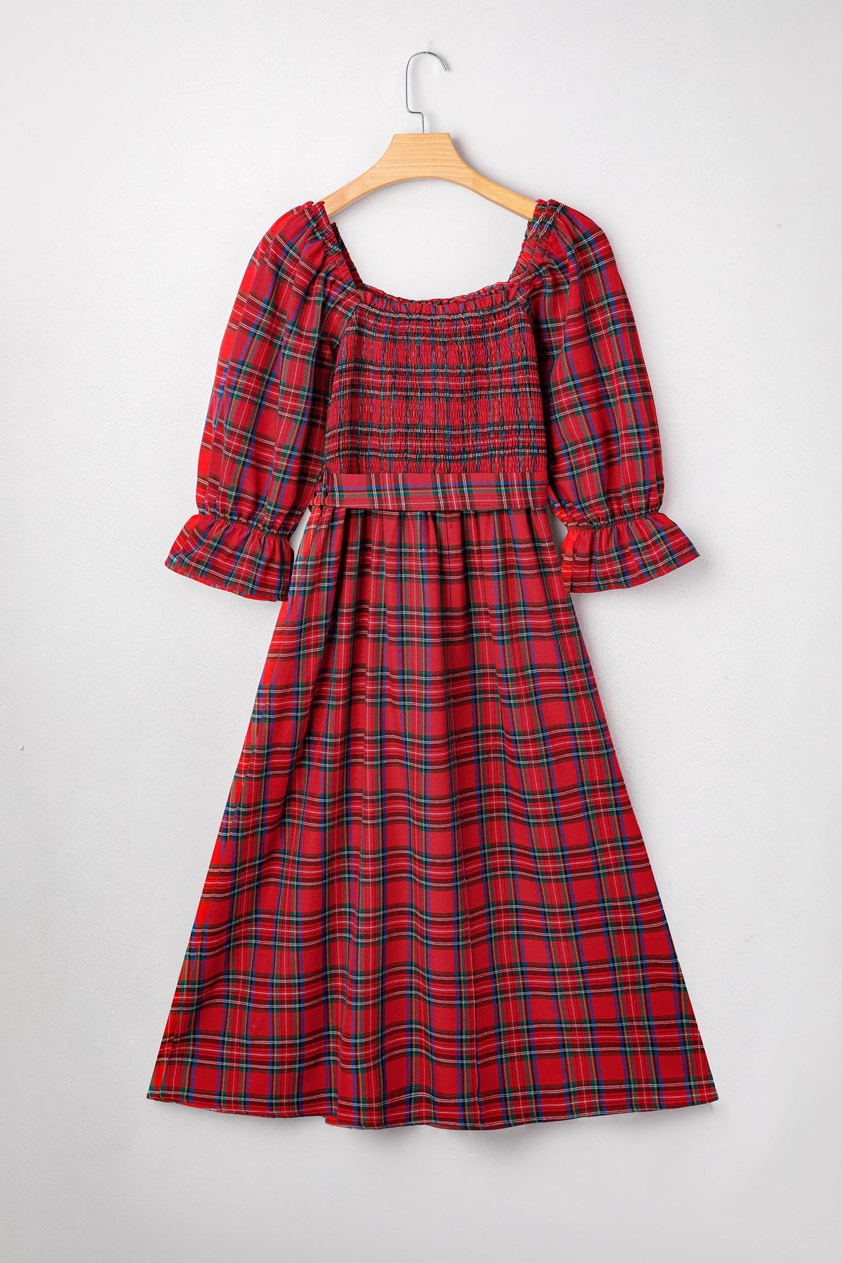 Plaid Square Neck Puff Sleeve Belted Midi Dress