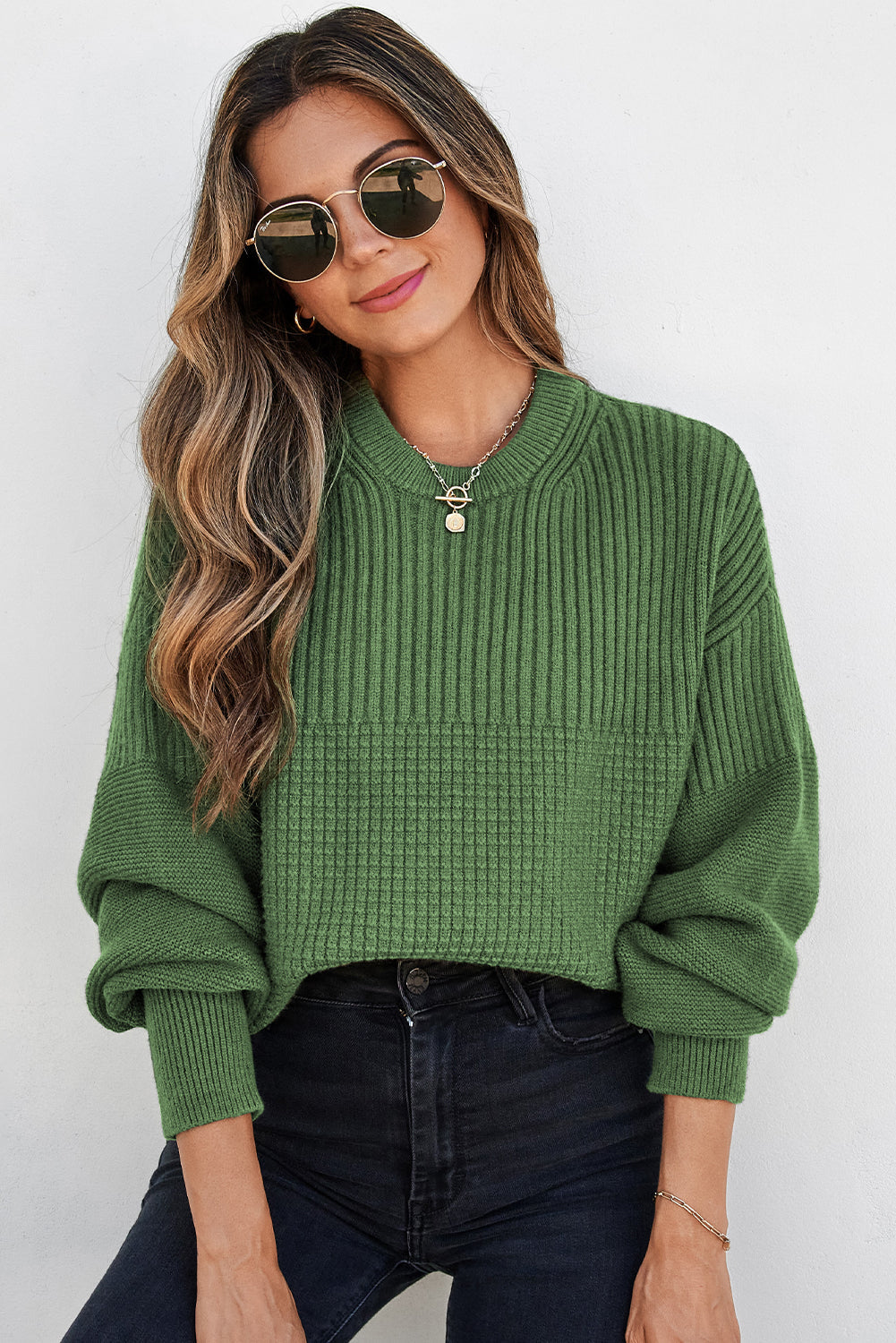 Vineyard Green Mixed Texture Knitted Crew Neck Sweater