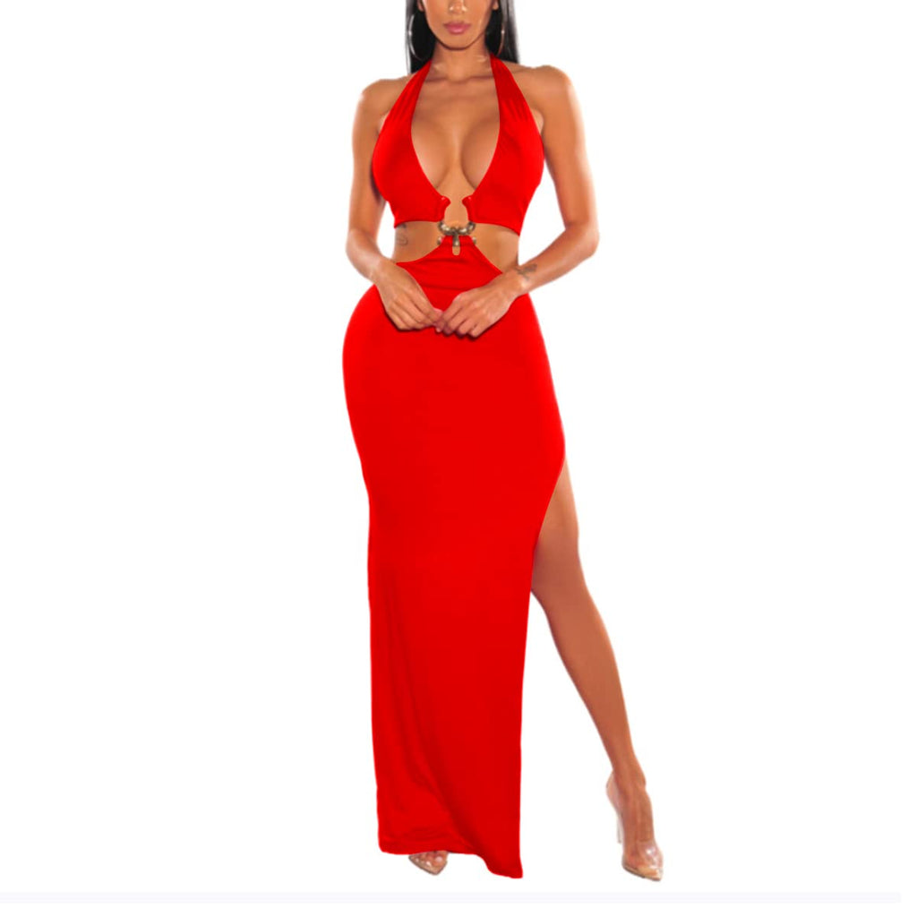 LuFeng Womens Sexy Sleeveless Halter V Neck Side Waist Cutout Backless Bodycon High Slit Maxi Long Dress Red