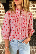Fiery Red Polka Dot Striped Print Ruffle Stand Neck 3/4 Sleeve Shift Shirt