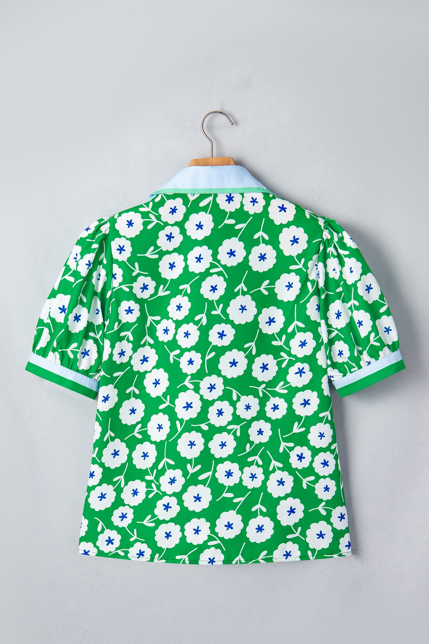 Flower Contrast Patchwork Collar Short Sleeve Blouse, Green White