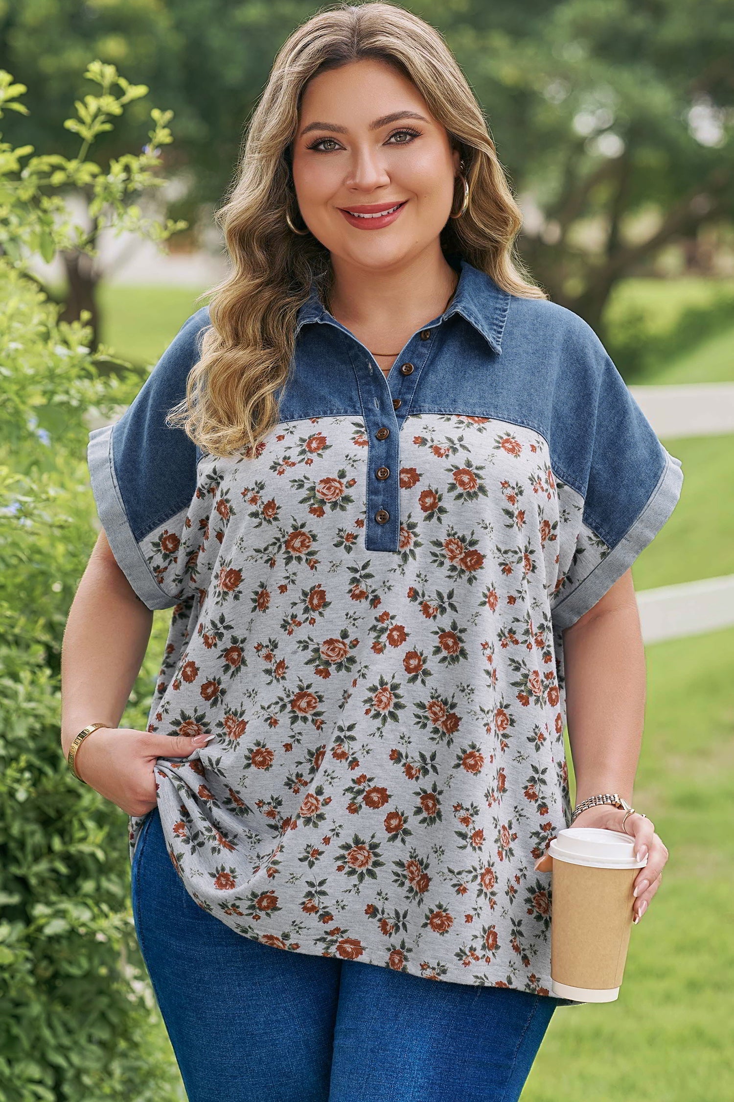 Karla Patchwork Polo Tee with Floral Print in Blue and Grey