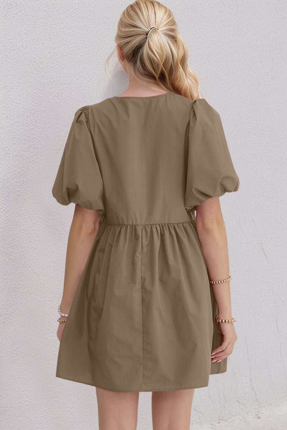 Ruched Puff Sleeve Mini Dress with Bow Detail