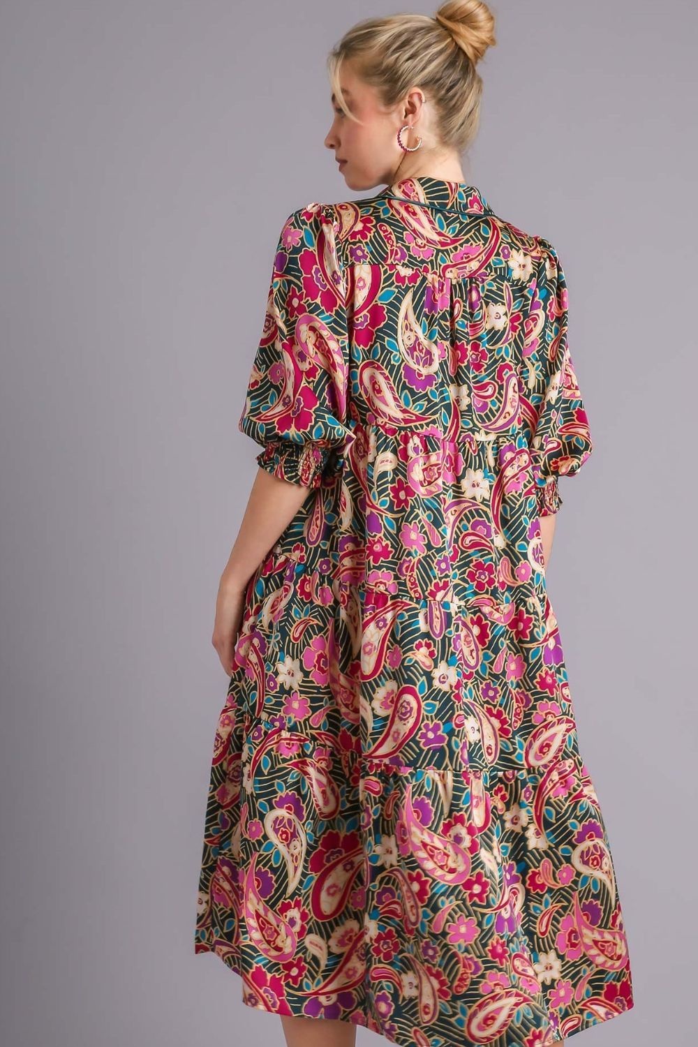 Printed Satin Midi Dress with Tiered Design