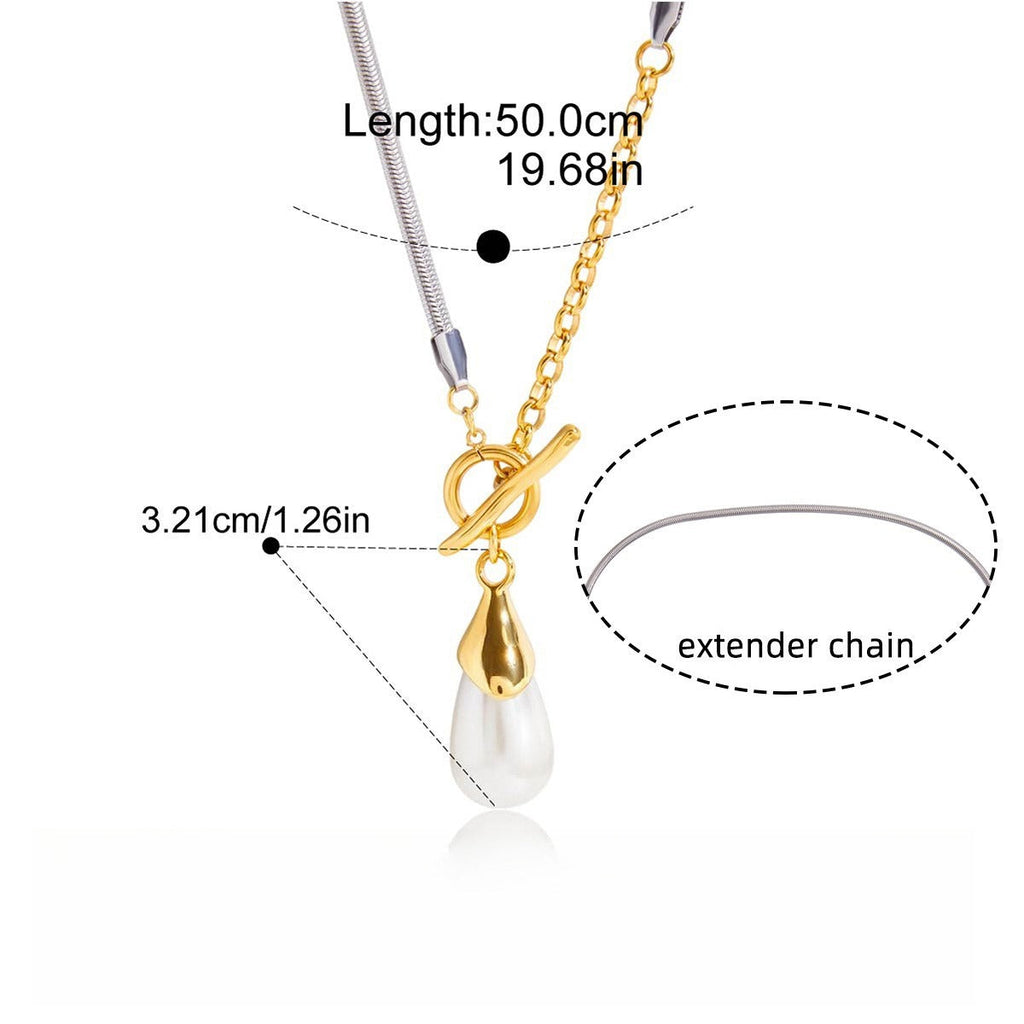 A luxurious 50cm pearl sweater chain necklace featuring 18K gold and titanium steel elements on a neutral background.