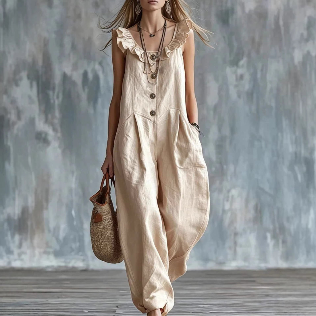 Women's Sleeveless Ruffled Button-Down Wide Leg Tank Jumpsuit - Image 2