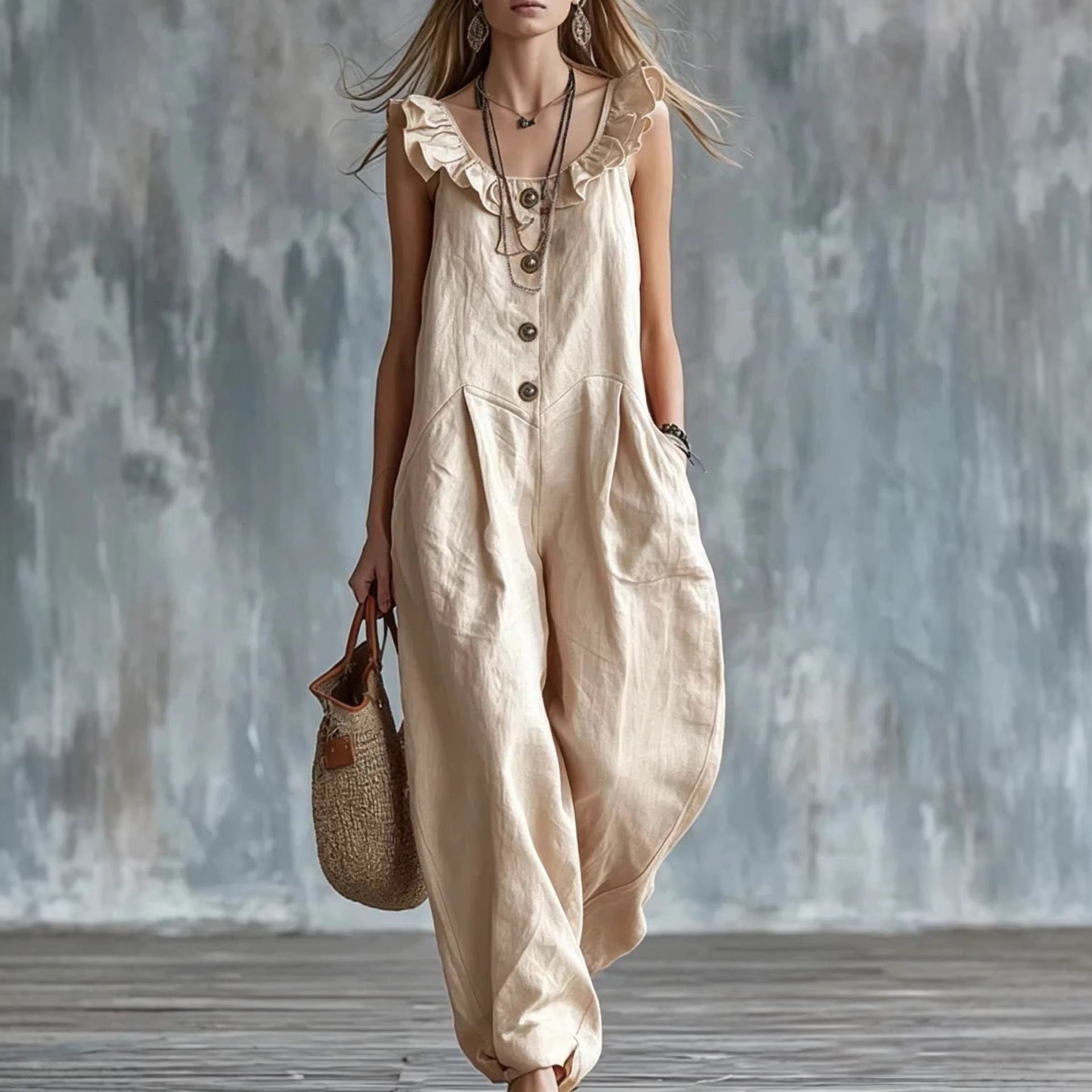 Women's Sleeveless Ruffled Button-Down Wide Leg Tank Jumpsuit - Image 2