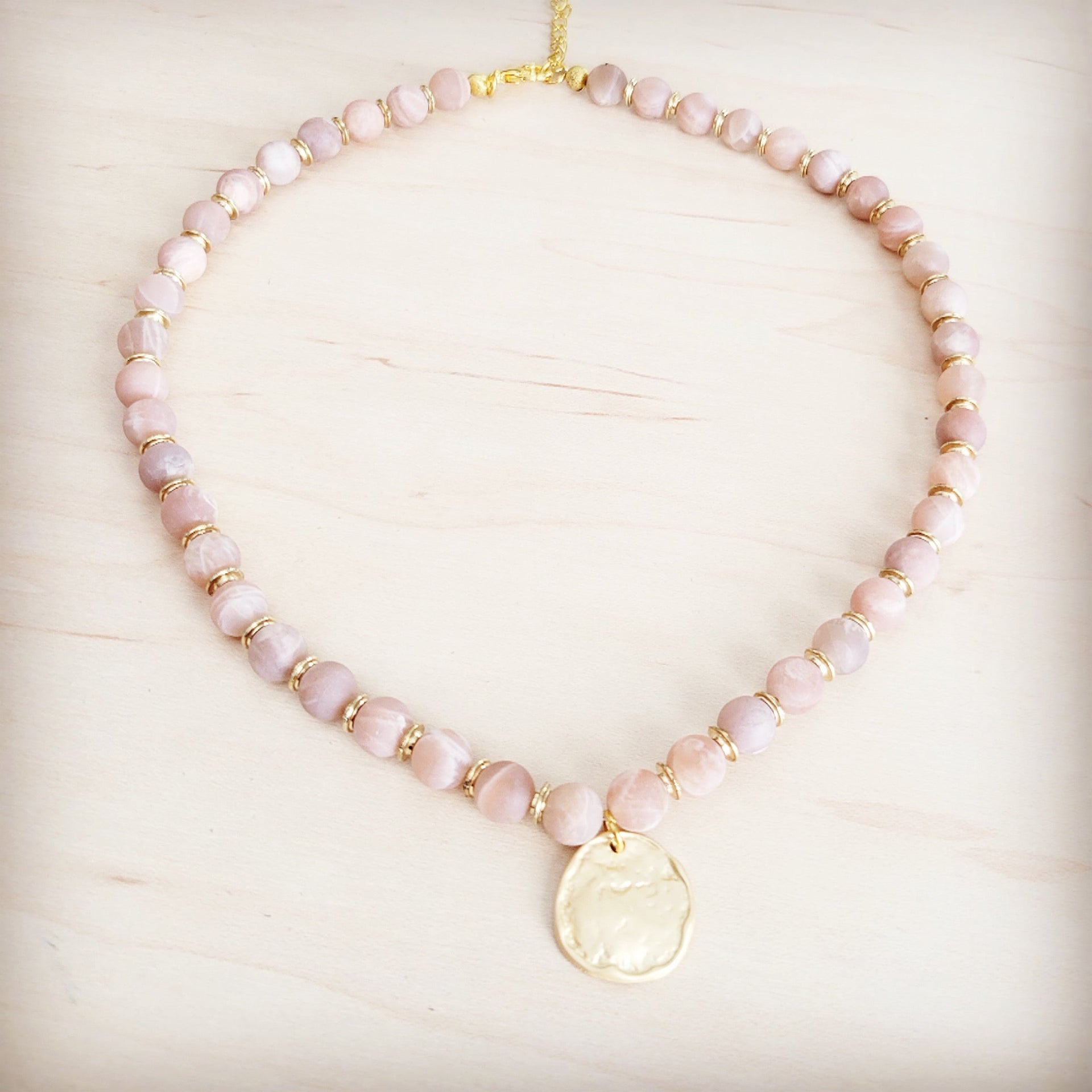 Frosted Sunstone Beaded Collar Necklace with Matte Gold Pendant - Image 4