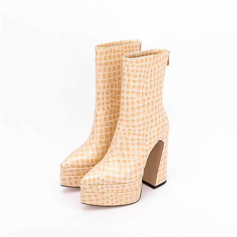 Women's Chunky Platform Ankle Boots - Stone Pattern High Heel