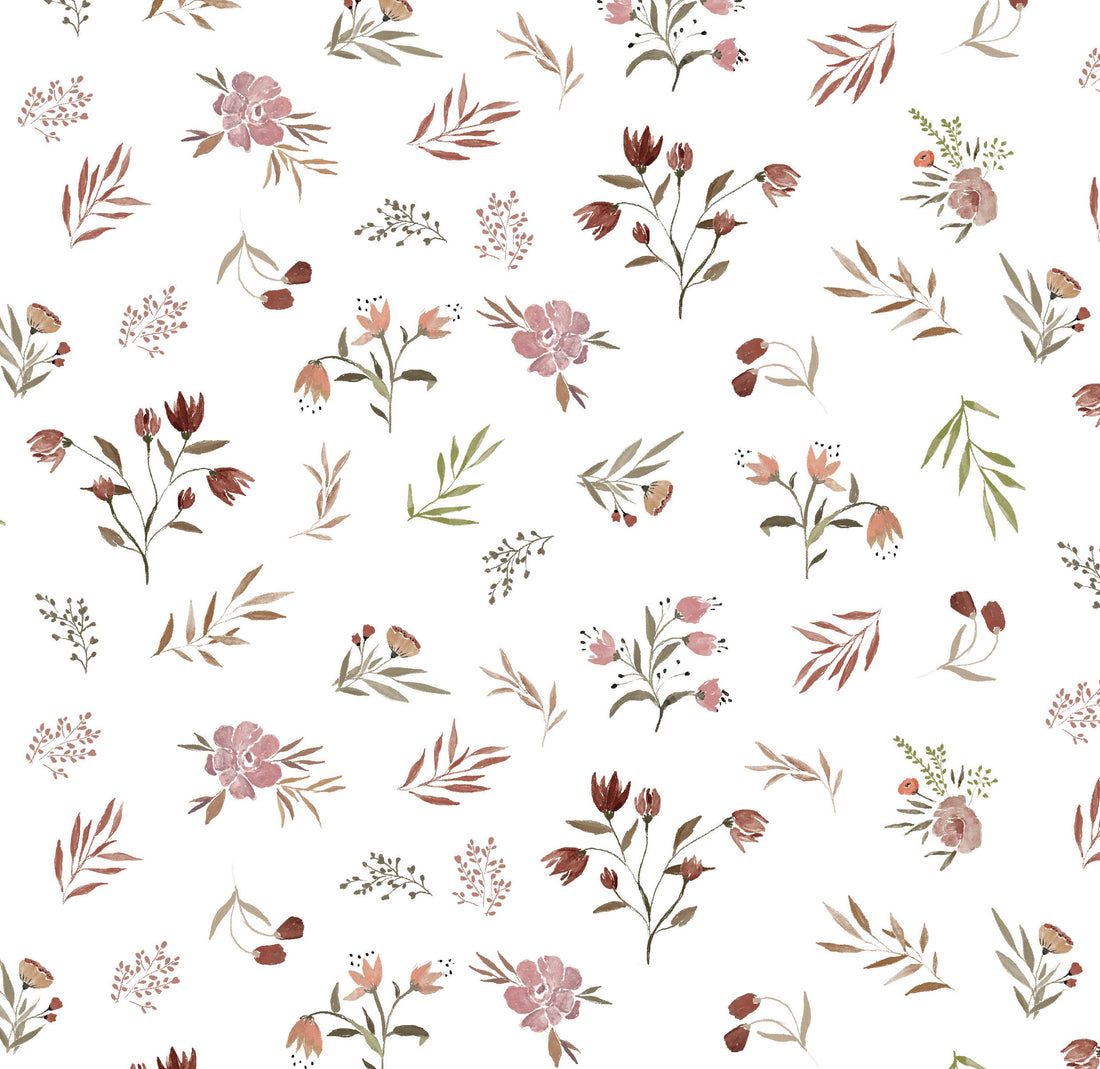 Holland Floral Removable Wallpaper in White, Dusty-Rose & Muted-Green