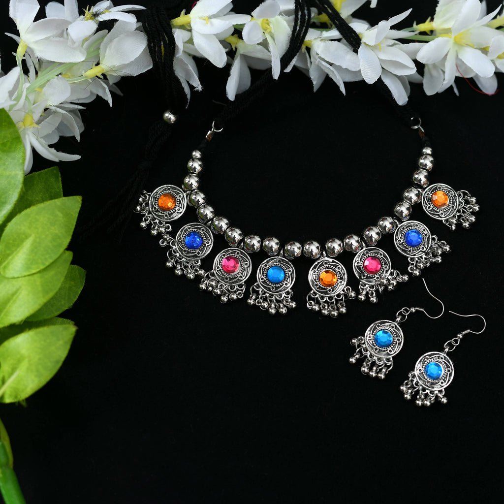 Oxidised silver-plated Kundan choker with multi-color stones