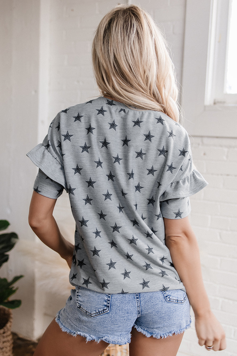 Joelle Star Ruffled Sleeve Crew Neck Top