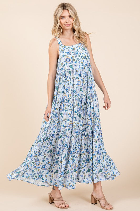 Floral Print Tiered Sleeveless Empire Maxi Dress for Women