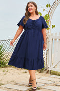 Lace-Up Sweetheart Midi Dress in Navy | Short Sleeve A-Line